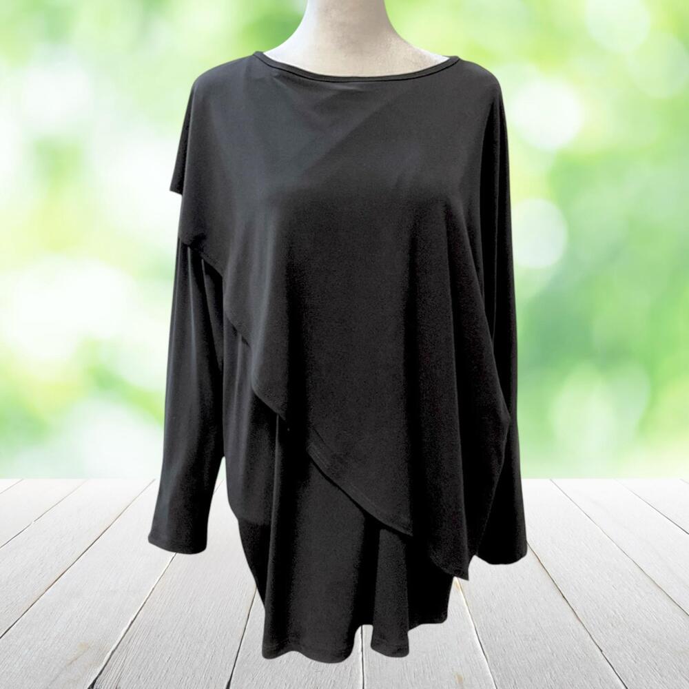 CLARA SUN WOO Tunic Asymmetric Layered Overlay Dolman Travel Black Made USA Sz M